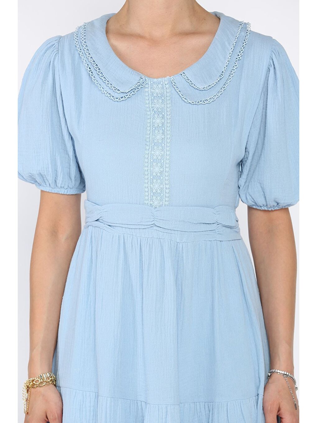 Mavi Kadın Bebe Yaka Dantel İşleme Detaylı Bel Lastikli Elbise-3