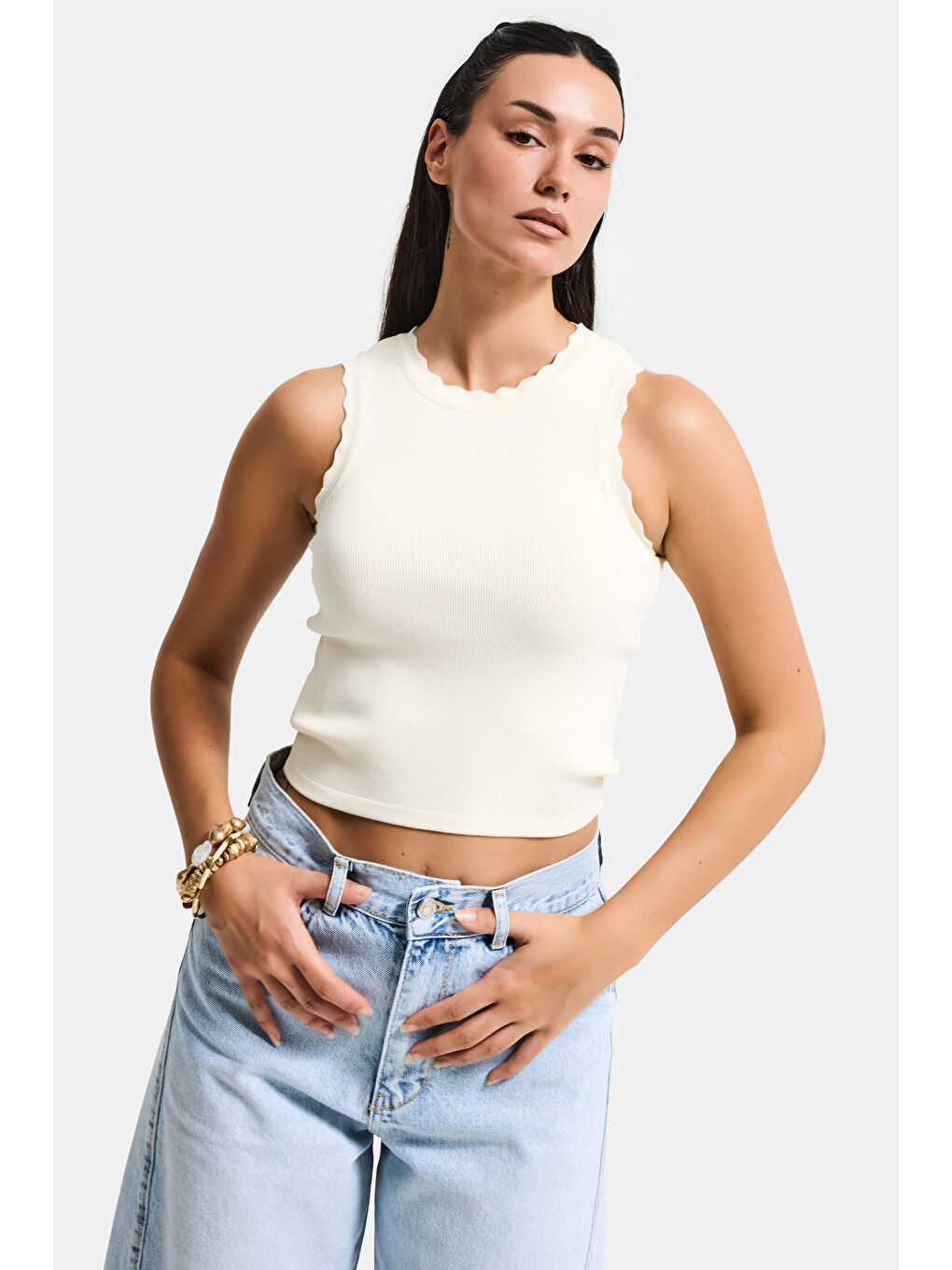 Kadın Ekru s6-101 Crop İnce Yazlık Triko Body-2