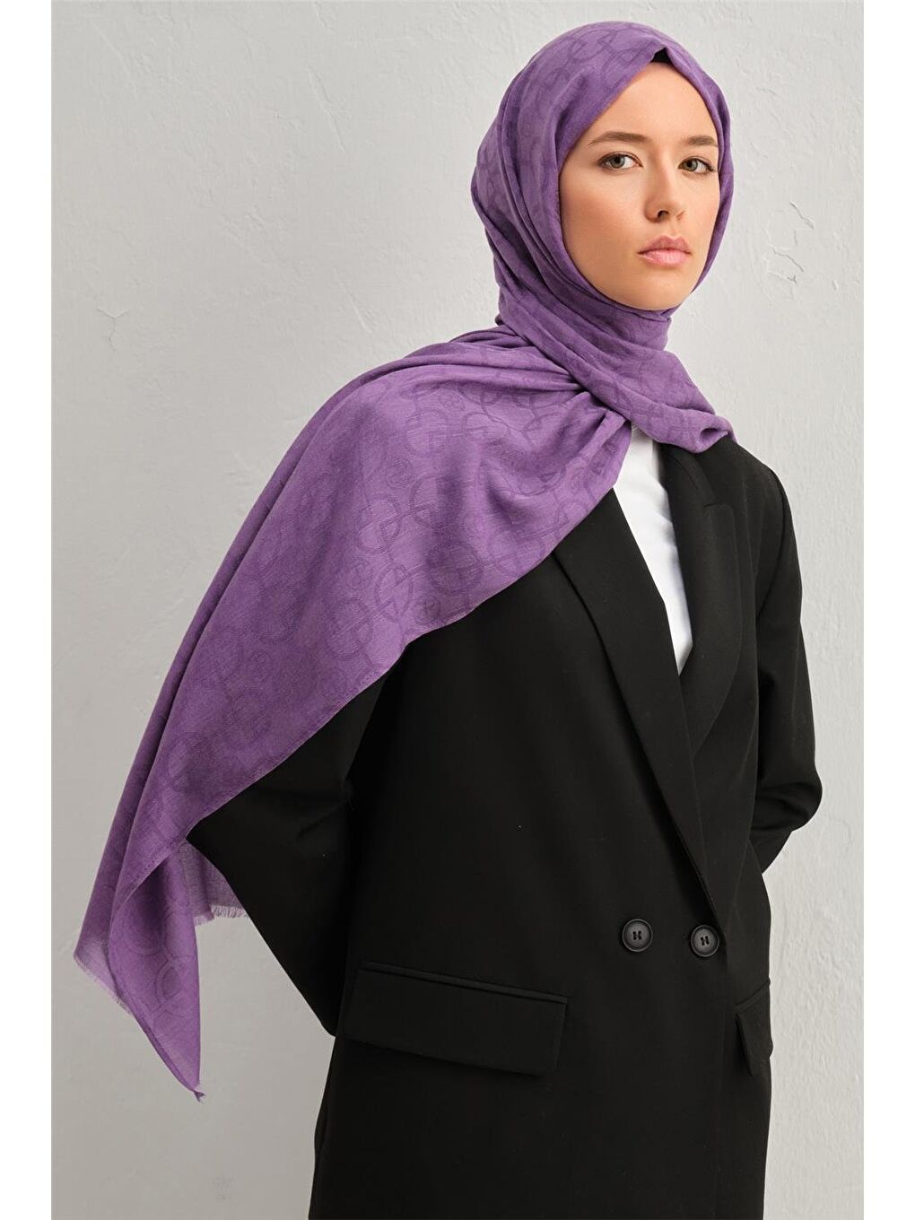 Mor Lyocell Yün Geometrik Desen Şal 28-1
