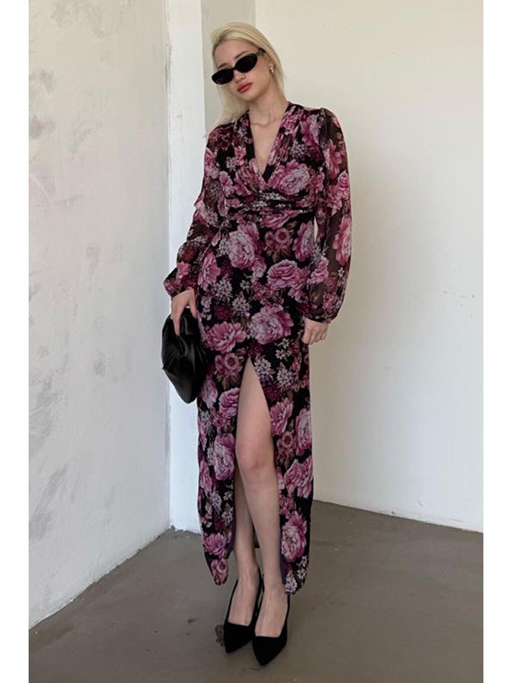 Mor Çiçekli Düğme Detaylı Kadın Elbise Mg2314-6