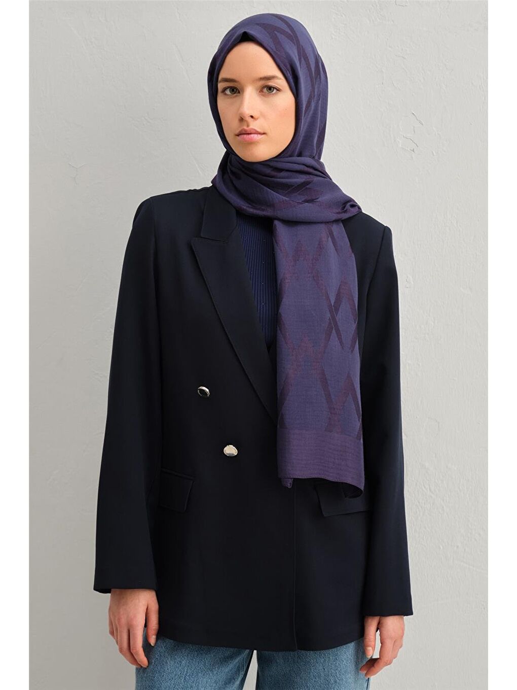 Lacivert Lyocell Naia Zikzak Desen Şal 112-18