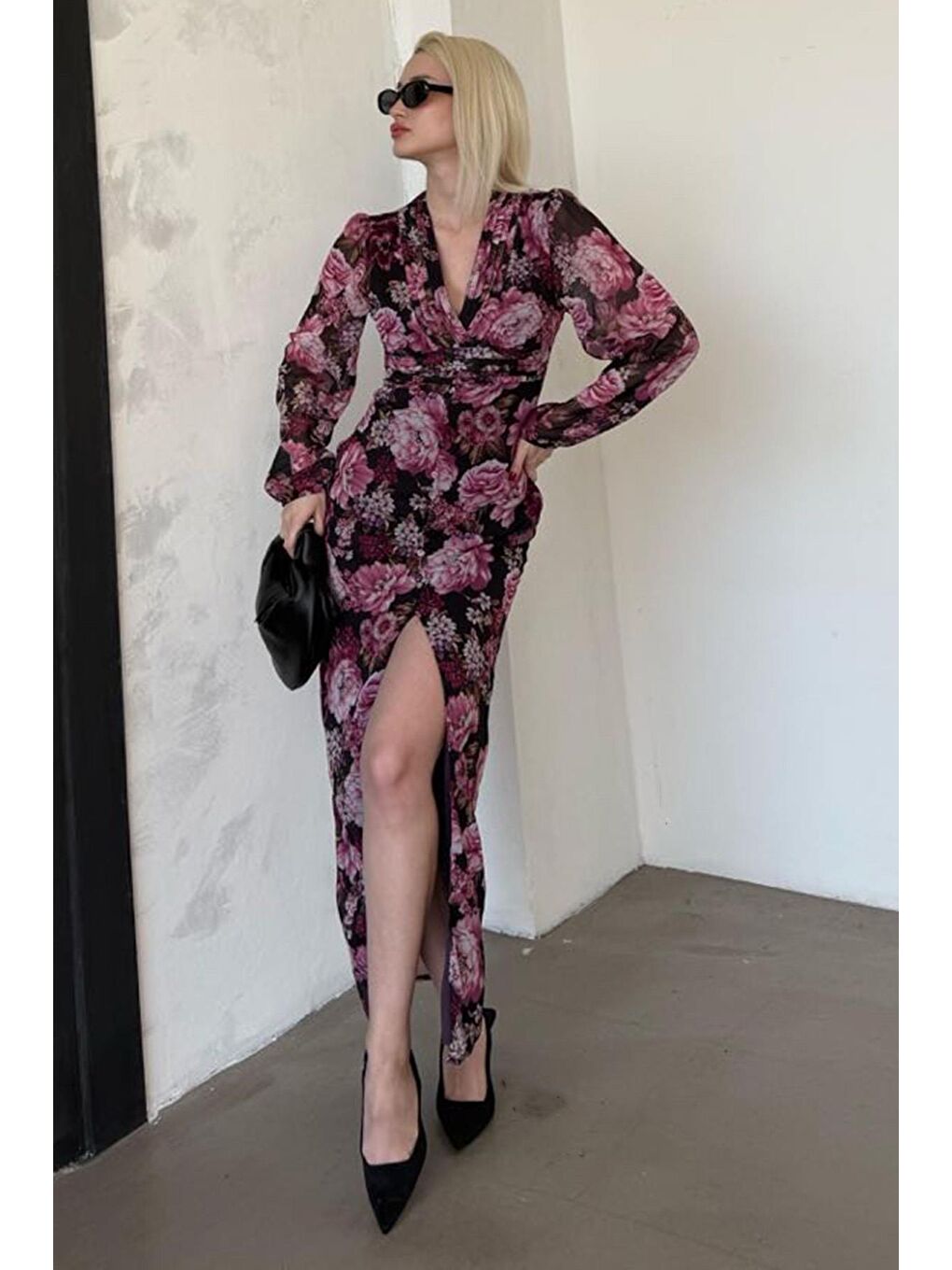 Mor Çiçekli Düğme Detaylı Kadın Elbise Mg2314-7