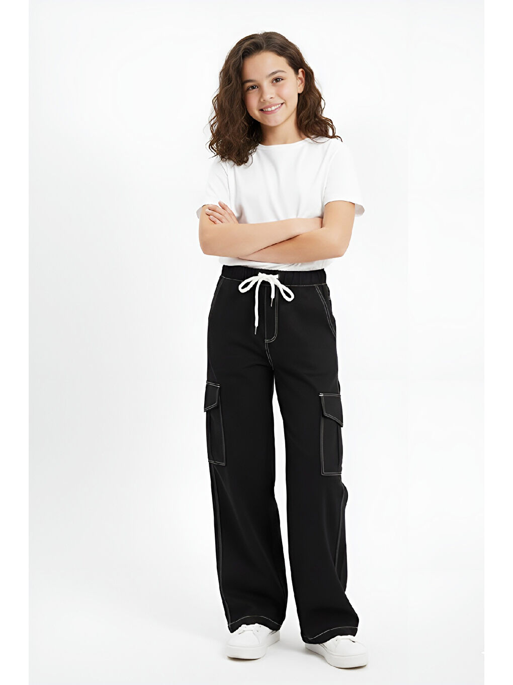 Siyah Kız Çocuk Beli Lastikli Ve Kordonlu-Kargo Cepli Jean Pantolon 12-16 Yaş 12524-1