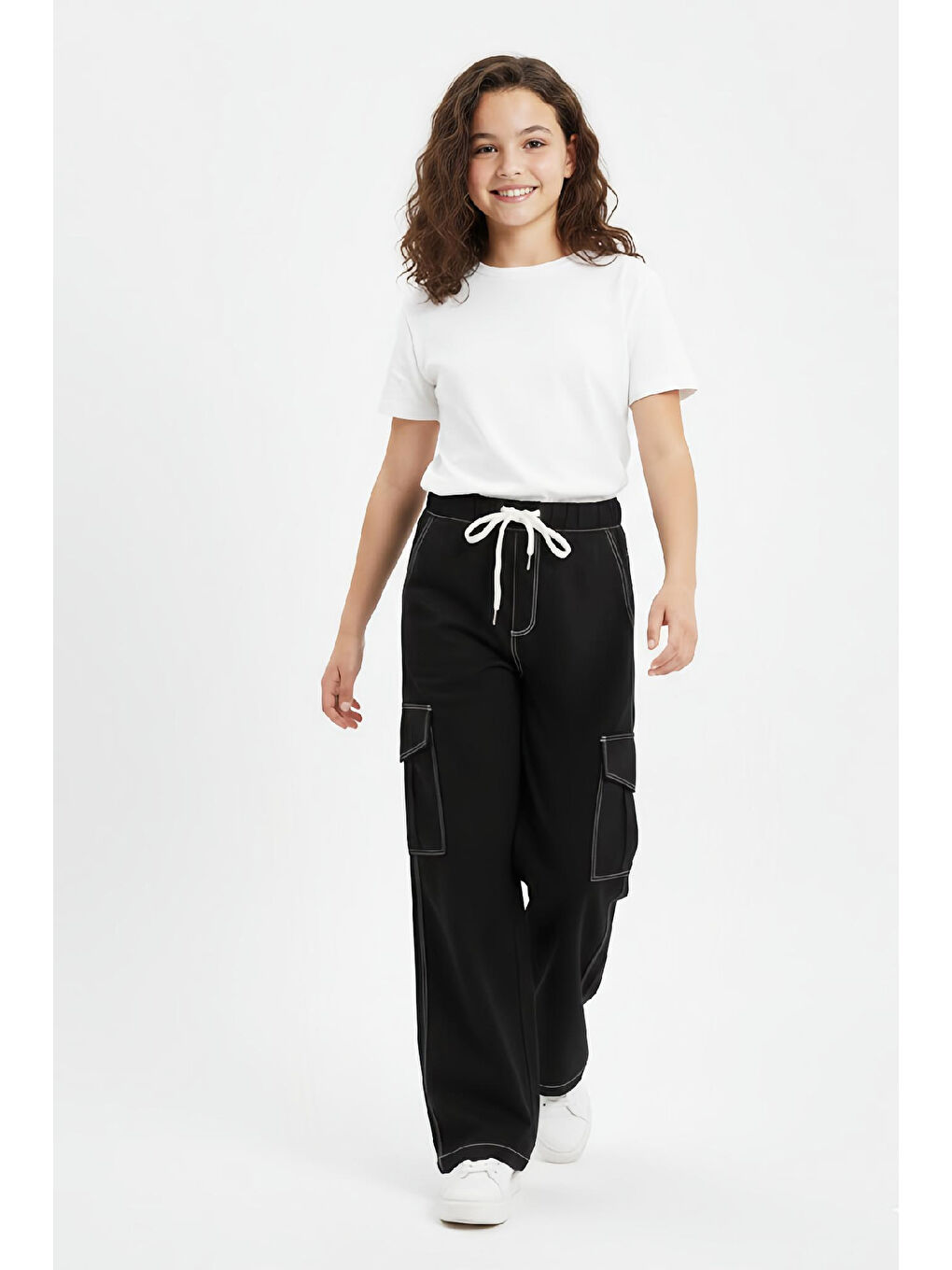 Siyah Kız Çocuk Beli Lastikli Ve Kordonlu-Kargo Cepli Jean Pantolon 12-16 Yaş 12524-2