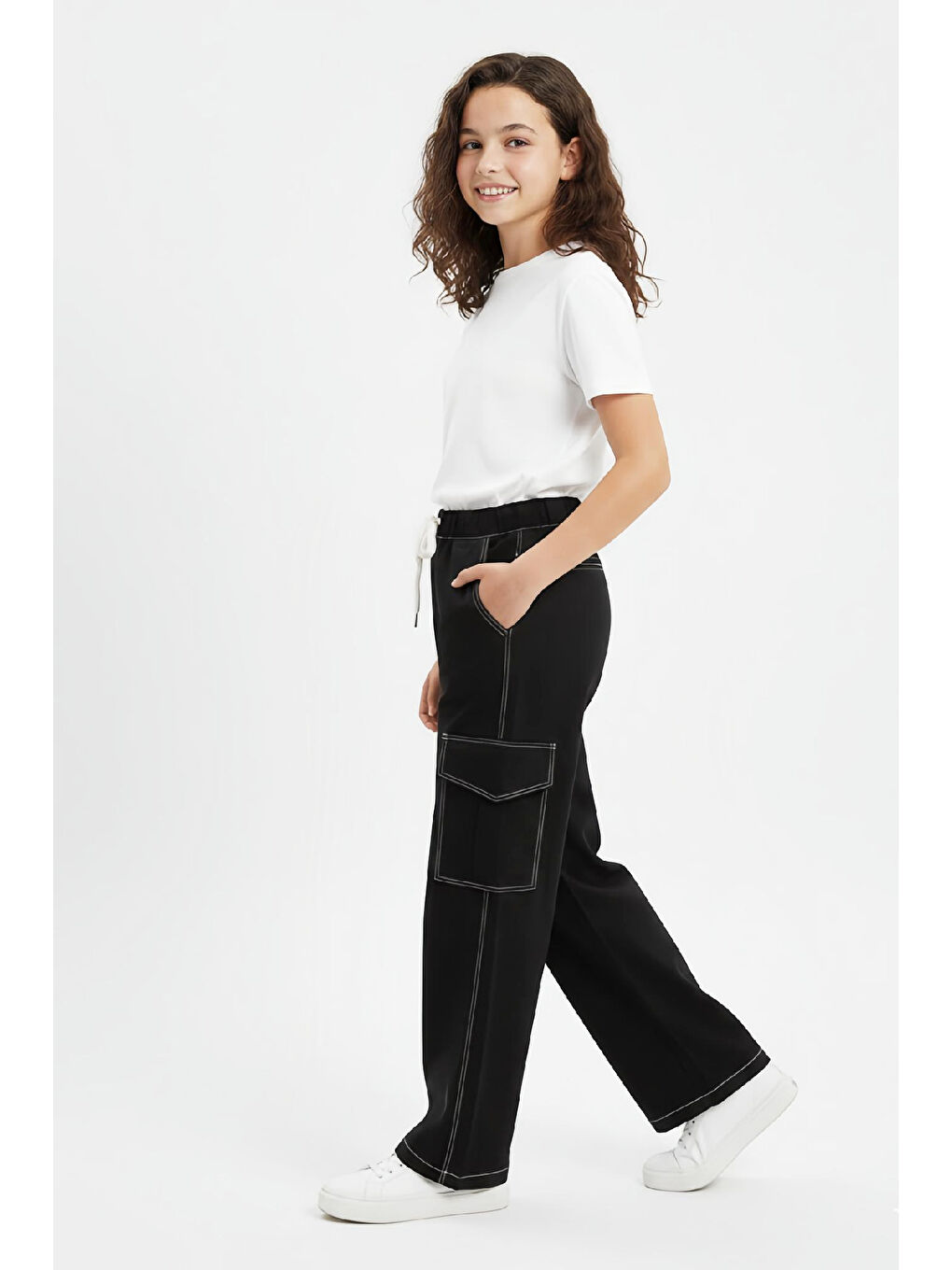 Siyah Kız Çocuk Beli Lastikli Ve Kordonlu-Kargo Cepli Jean Pantolon 12-16 Yaş 12524-3
