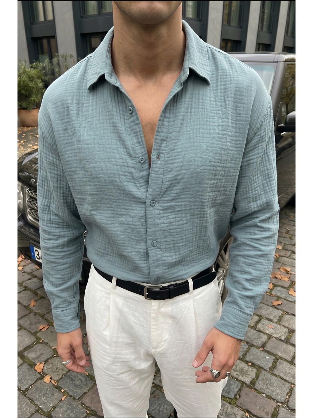 Turkuaz Yurin Erkek Premium Müslin %100 Pamuk Oversize Uzun Kollu Gömlek-1