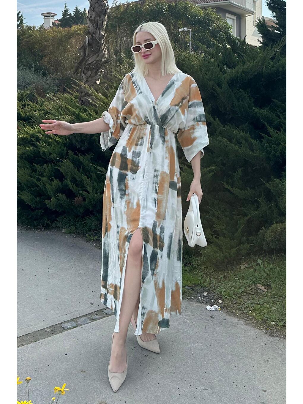 Sarı Hardal Desenli Yırtmaç Detaylı Uzun Elbise Mg2323