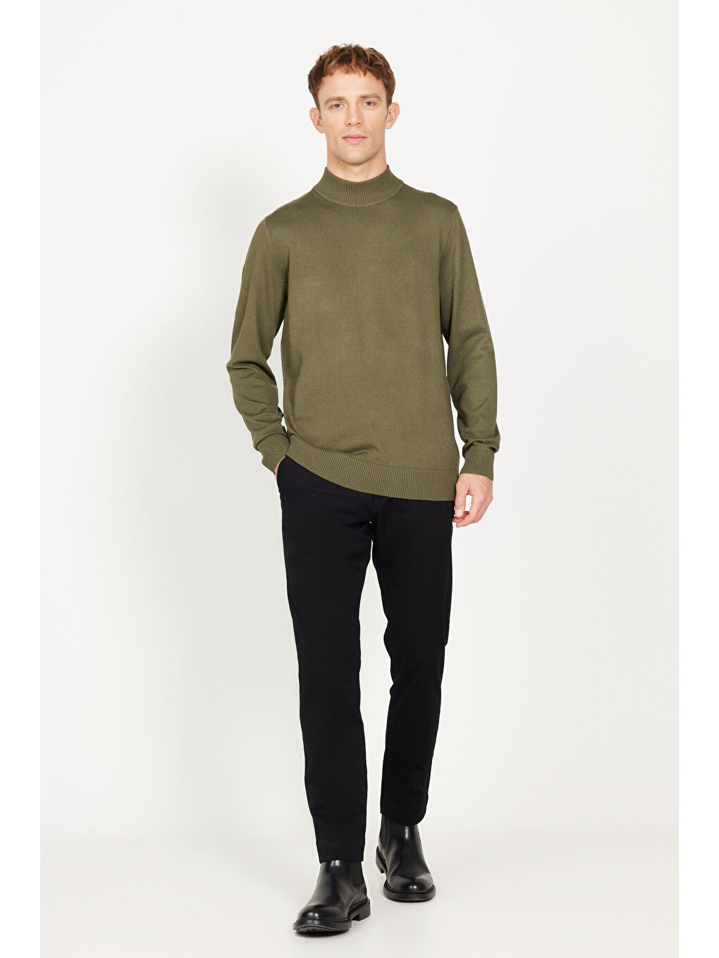 Erkek Haki Standart Fit Normal Kesim Yarım Balıkçı Yaka Triko Kazak-1