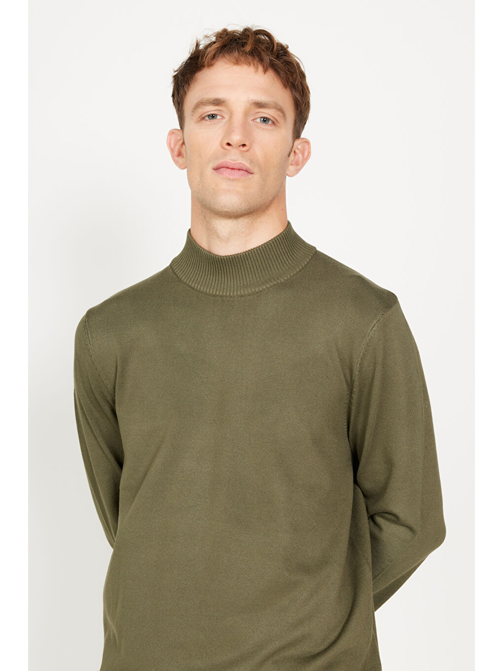 Erkek Haki Standart Fit Normal Kesim Yarım Balıkçı Yaka Triko Kazak-3