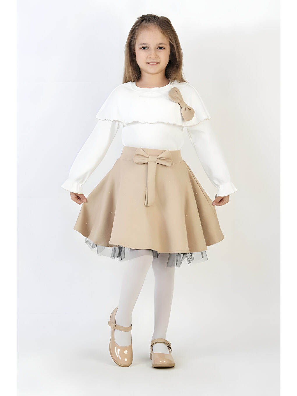 Ekru Kız Çocuk 2'li Elbise Taş Süslemeli Etek+Şal Yakalı ve Fiyonklu Bluz 4-9 Yaş 12505-2