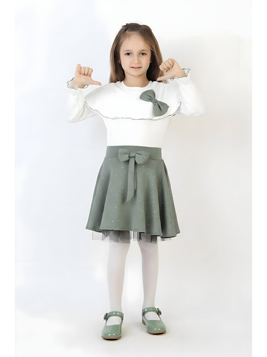 Yeşil Kız Çocuk 2'li Elbise Taş Süslemeli Etek+Şal Yakalı ve Fiyonklu Bluz 4-9 Yaş 12505