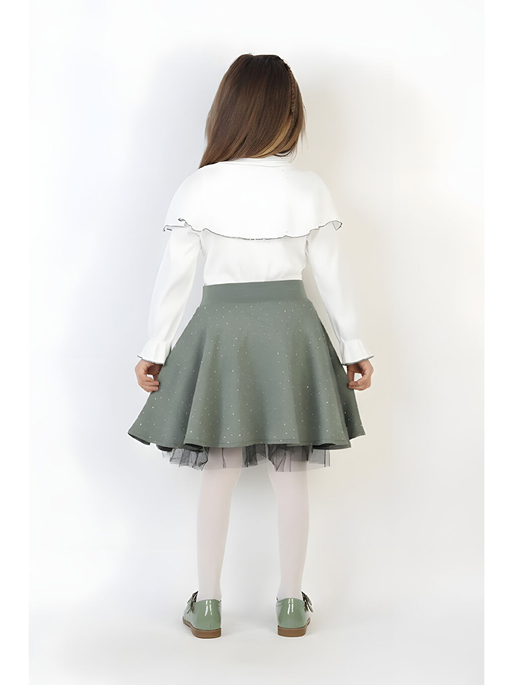 Yeşil Kız Çocuk 2'li Elbise Taş Süslemeli Etek+Şal Yakalı ve Fiyonklu Bluz 4-9 Yaş 12505-2