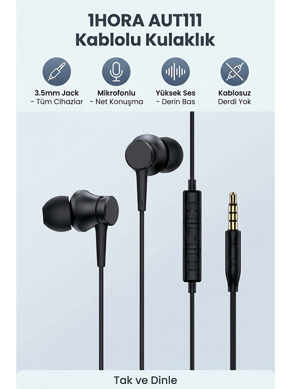 1hora Aut111 Mikrofonlu Kablolu Kulaklık 3.5mm Siyah