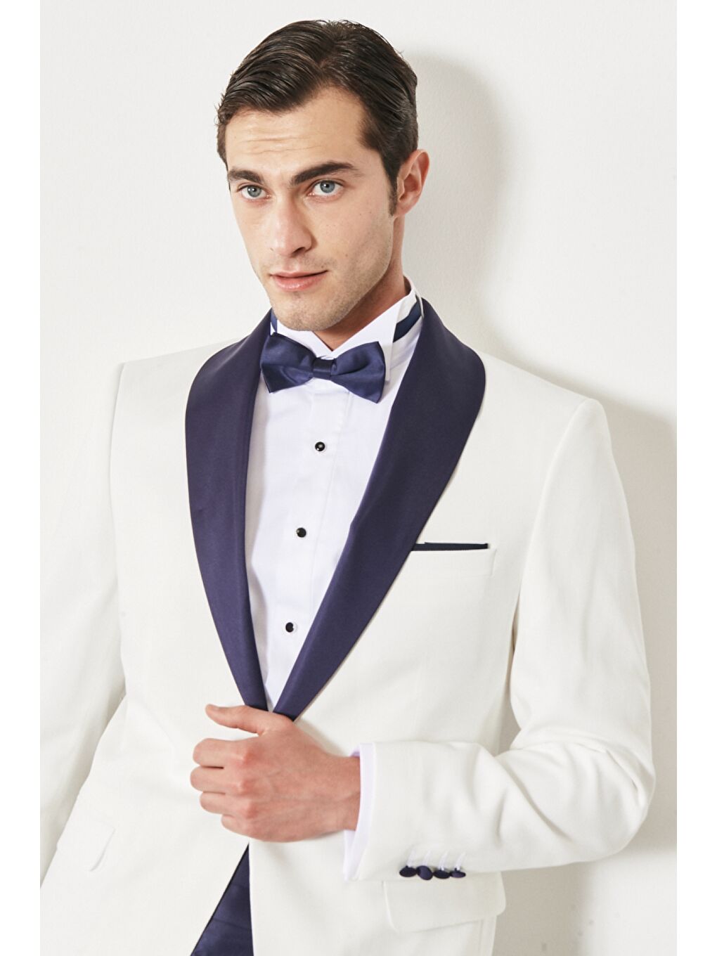 Erkek Beyaz-Lacivert Slim Fit Dar Kesim Mono Yaka Desenli Klasik Smokin Takım-3