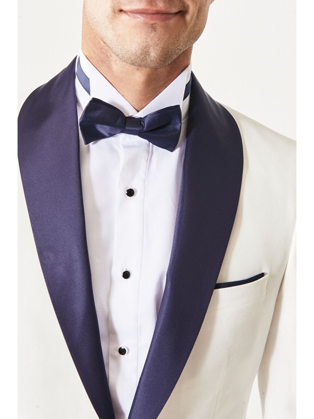 Erkek Beyaz-Lacivert Slim Fit Dar Kesim Mono Yaka Desenli Klasik Smokin Takım-4