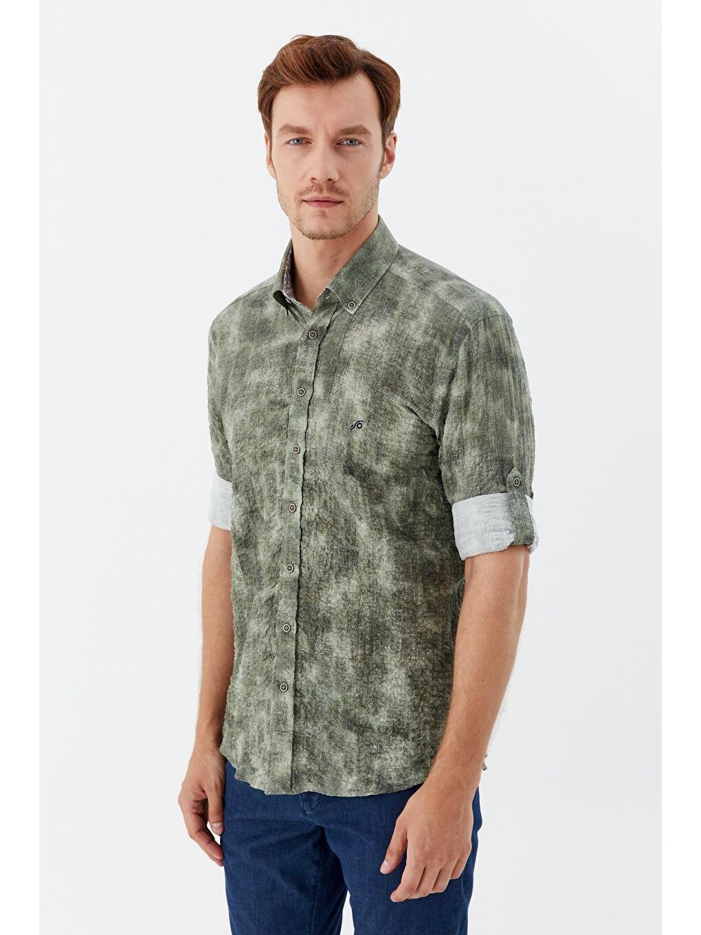 Erkek Haki Slim Fit %100 Pamuk Baskılı Düğmeli Yaka Gömlek