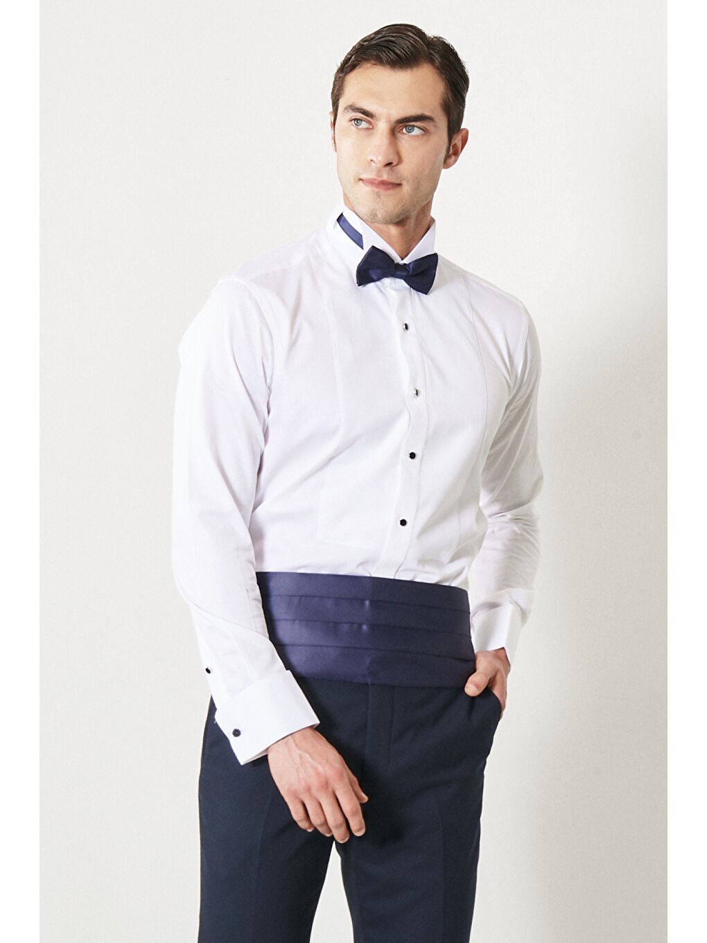 Erkek Beyaz-Lacivert Slim Fit Dar Kesim Mono Yaka Desenli Klasik Smokin Takım-6