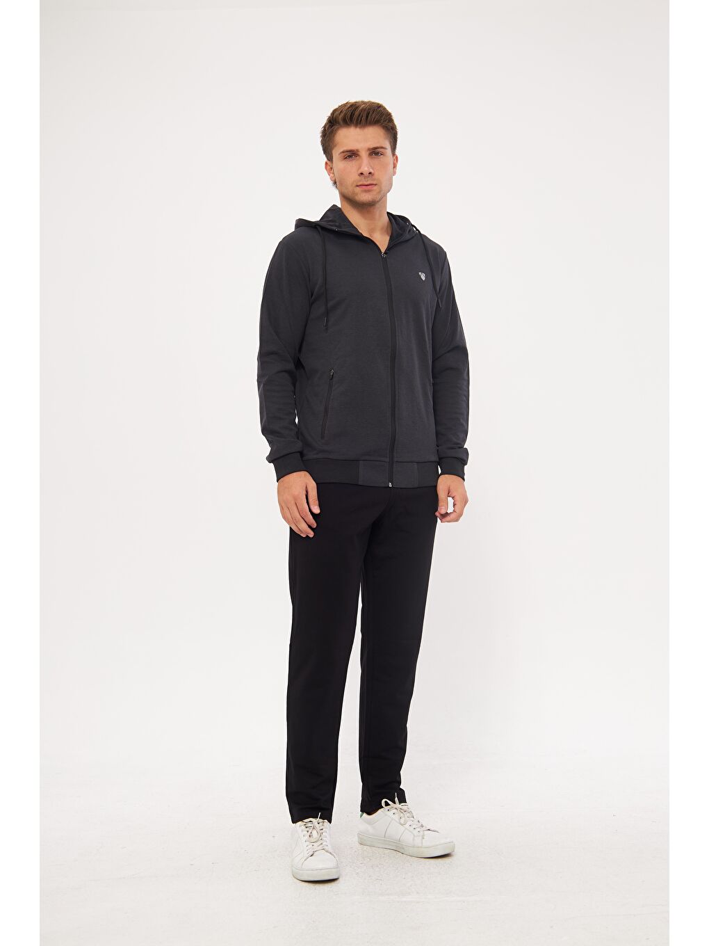 Erkek Pamuklu Tam Fermuarlı Kapüşonlu Eşofman Takımı Siyah 5296-S