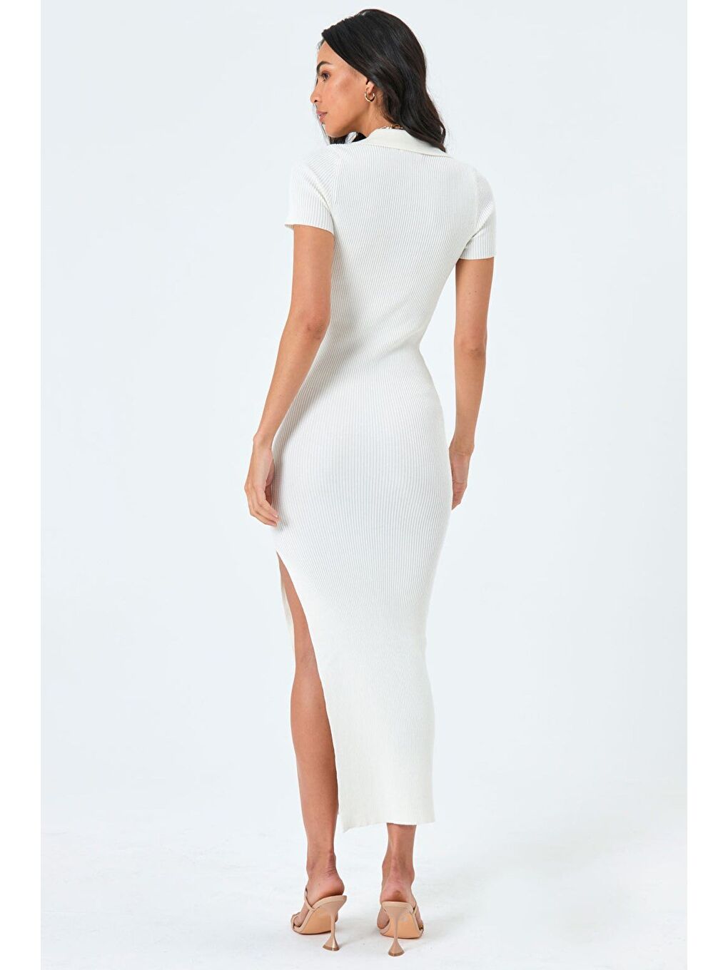Ekru Yandan Yırtmaçlı Polo Yaka Kadın Triko Elbise Mg1480-4