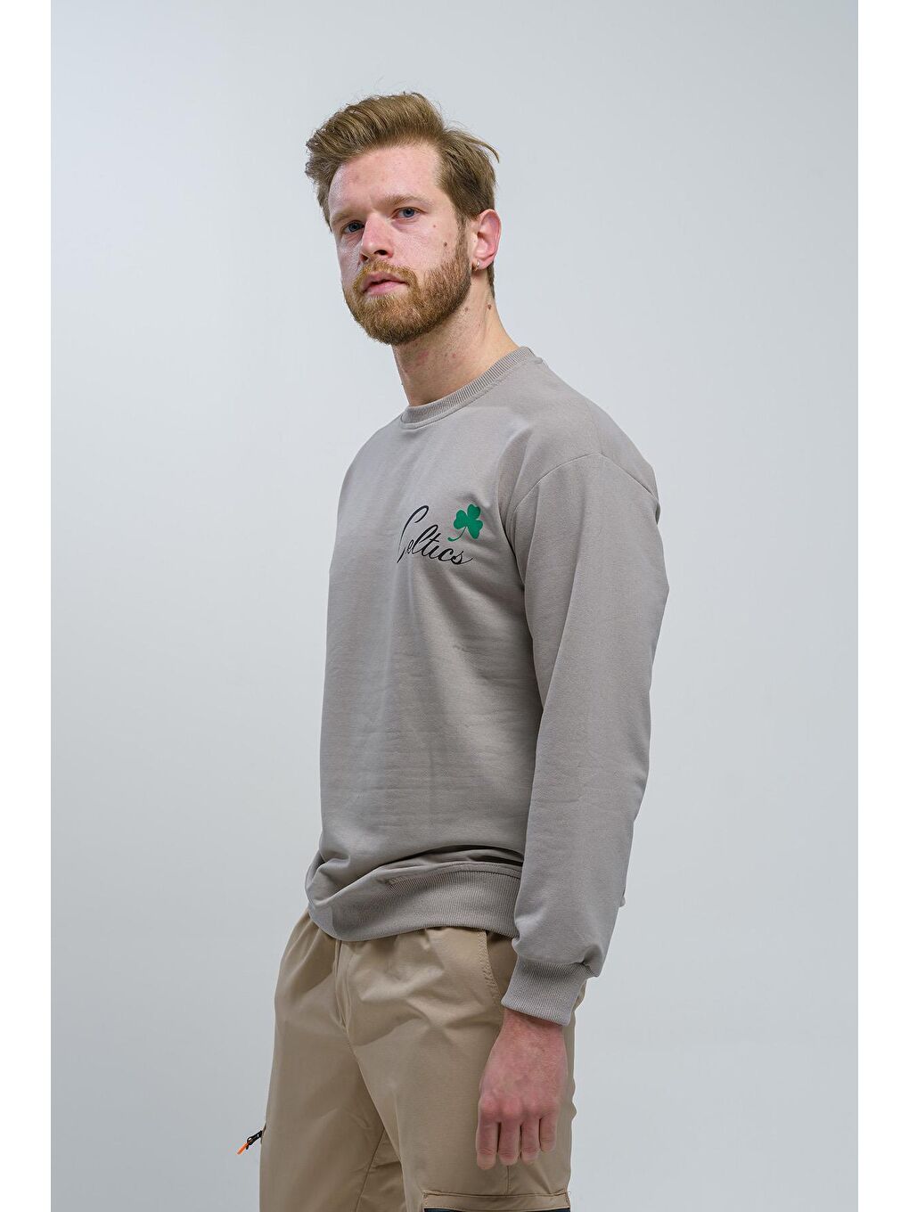 Yeşil Basketball Önü ve Arkası Baskılı Düşük Omuz Unisex Bisiklet Yaka Sweatshirt-1