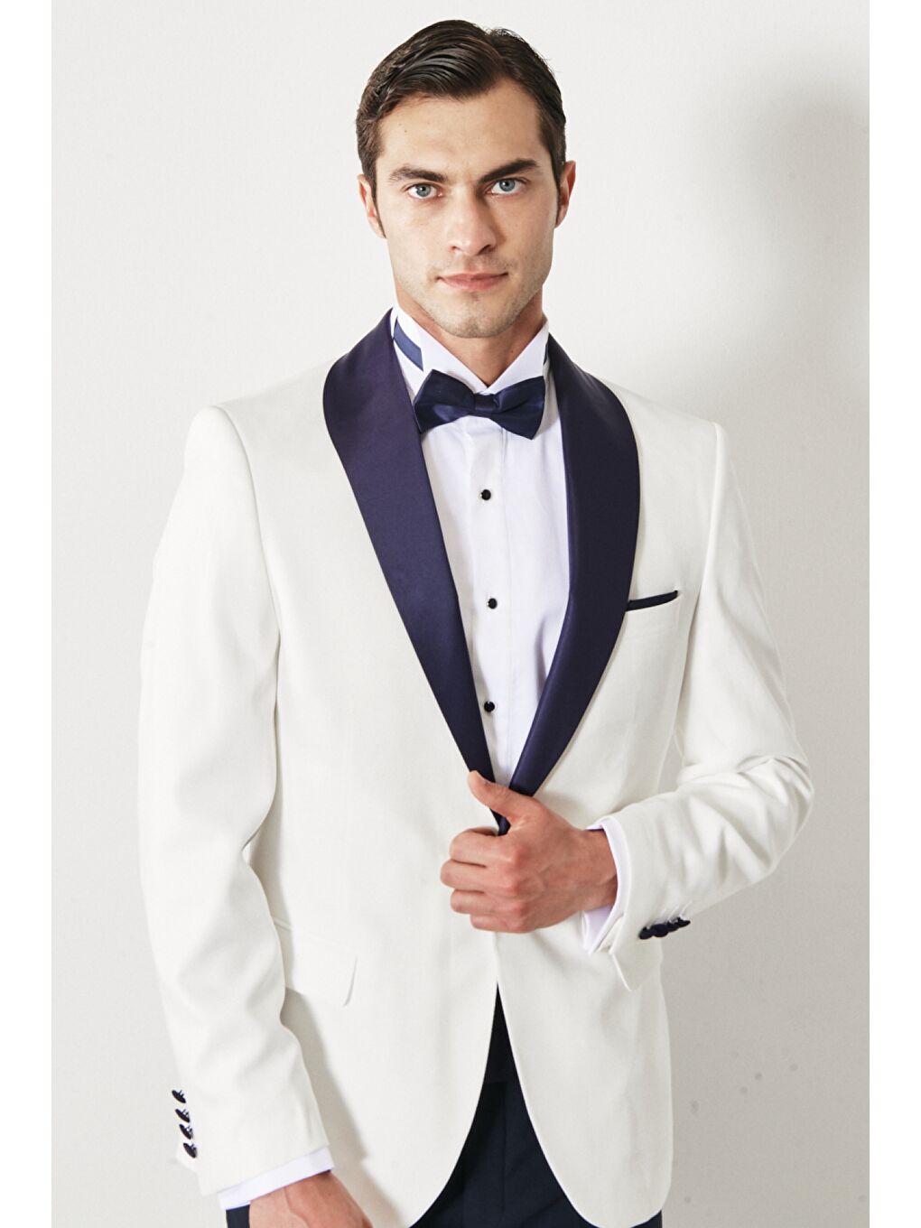 Erkek Beyaz-Lacivert Slim Fit Dar Kesim Mono Yaka Desenli Klasik Smokin Takım-8