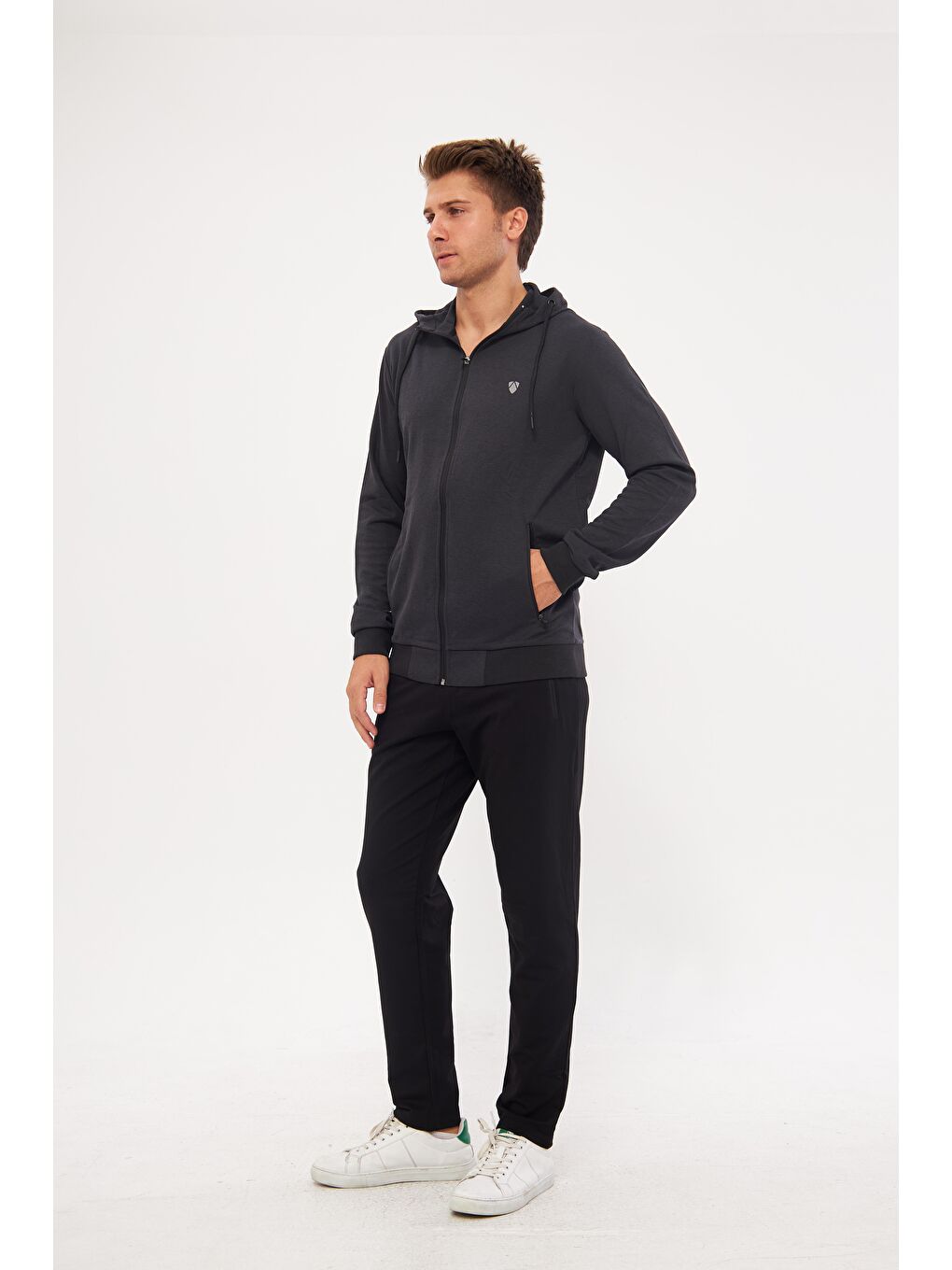 Erkek Pamuklu Tam Fermuarlı Kapüşonlu Eşofman Takımı Siyah 5296-S-2