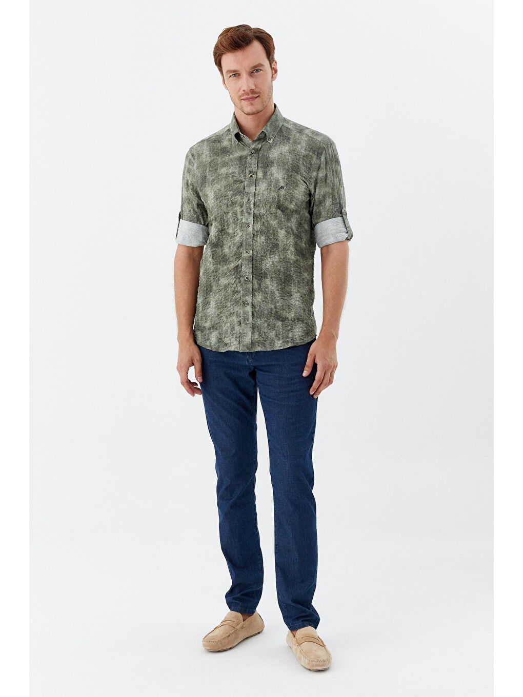 Erkek Haki Slim Fit %100 Pamuk Baskılı Düğmeli Yaka Gömlek-1