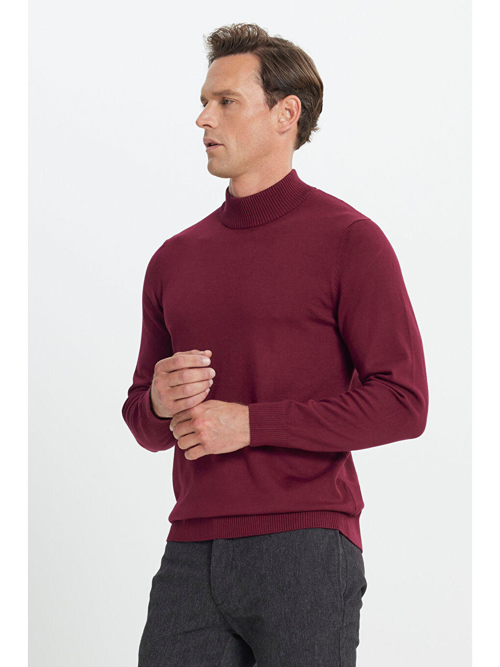 Erkek Bordo Standart Fit Normal Kesim Yarım Balıkçı Yaka Triko Kazak-3