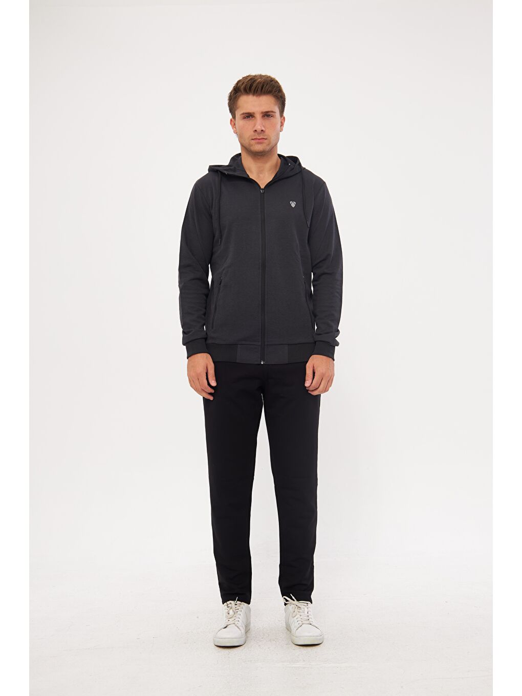 Erkek Pamuklu Tam Fermuarlı Kapüşonlu Eşofman Takımı Siyah 5296-S-3