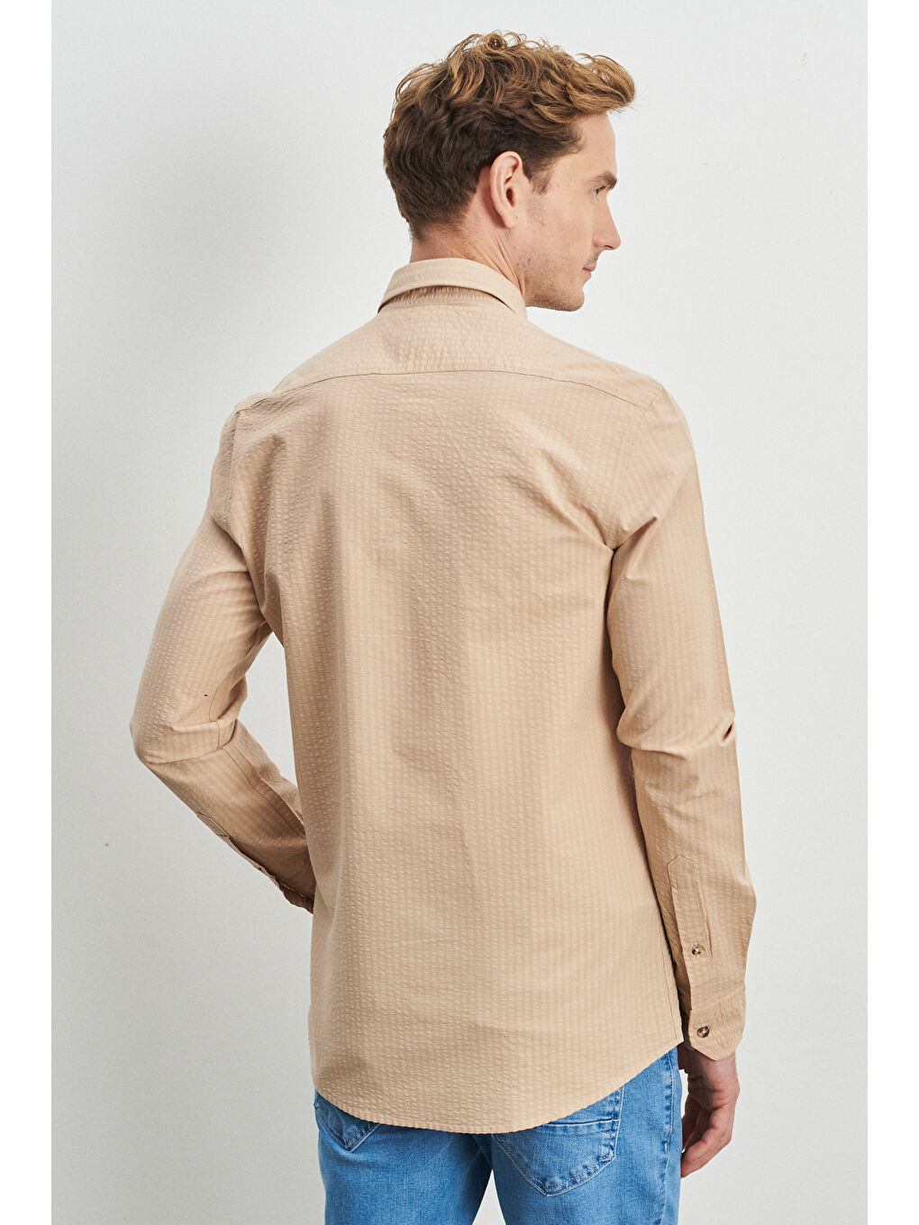 Erkek Bej Slim Fit Dar Kesim Düğmeli Yaka %100 Pamuk Desenli Gömlek-3