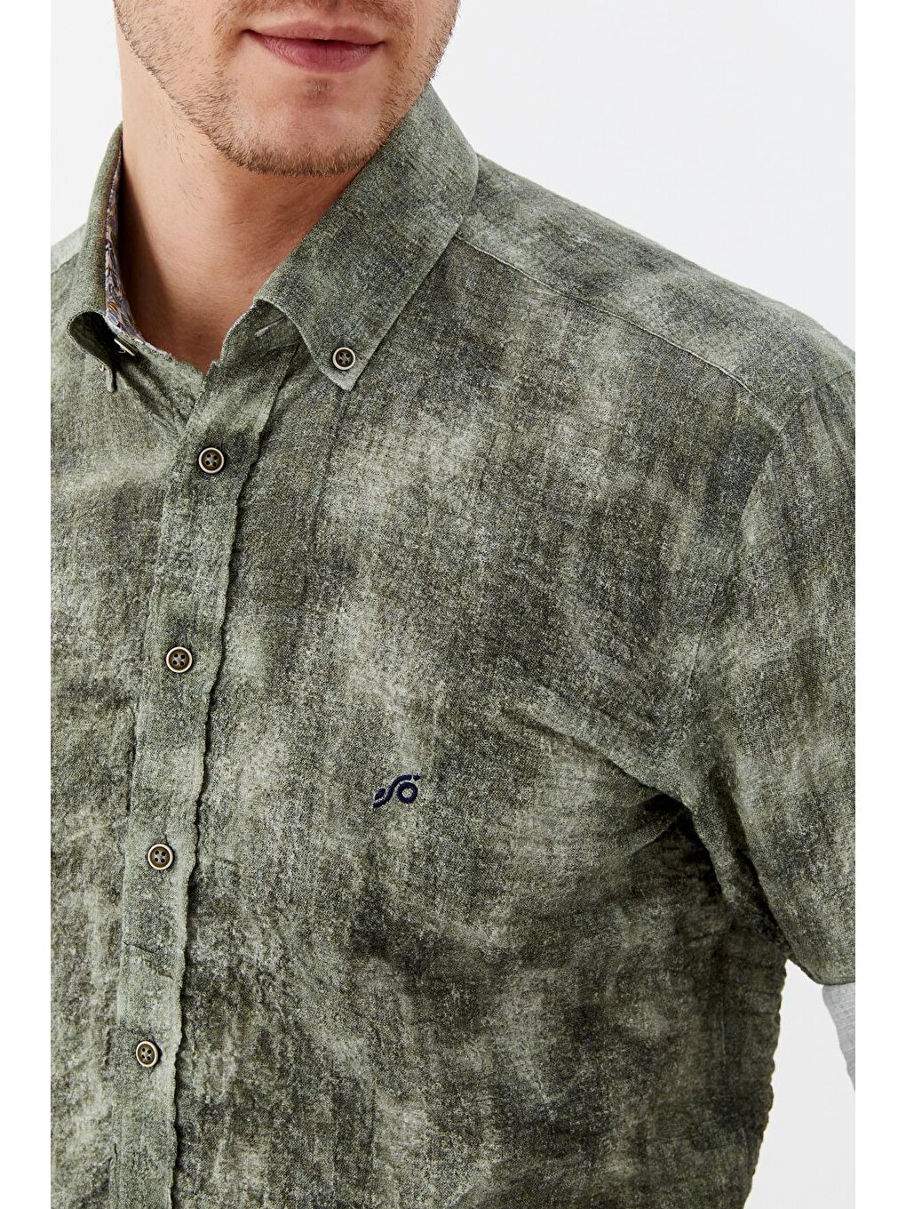 Erkek Haki Slim Fit %100 Pamuk Baskılı Düğmeli Yaka Gömlek-2