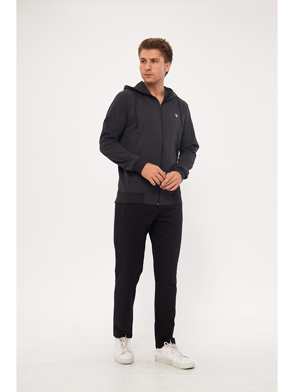 Erkek Pamuklu Tam Fermuarlı Kapüşonlu Eşofman Takımı Siyah 5296-S-4