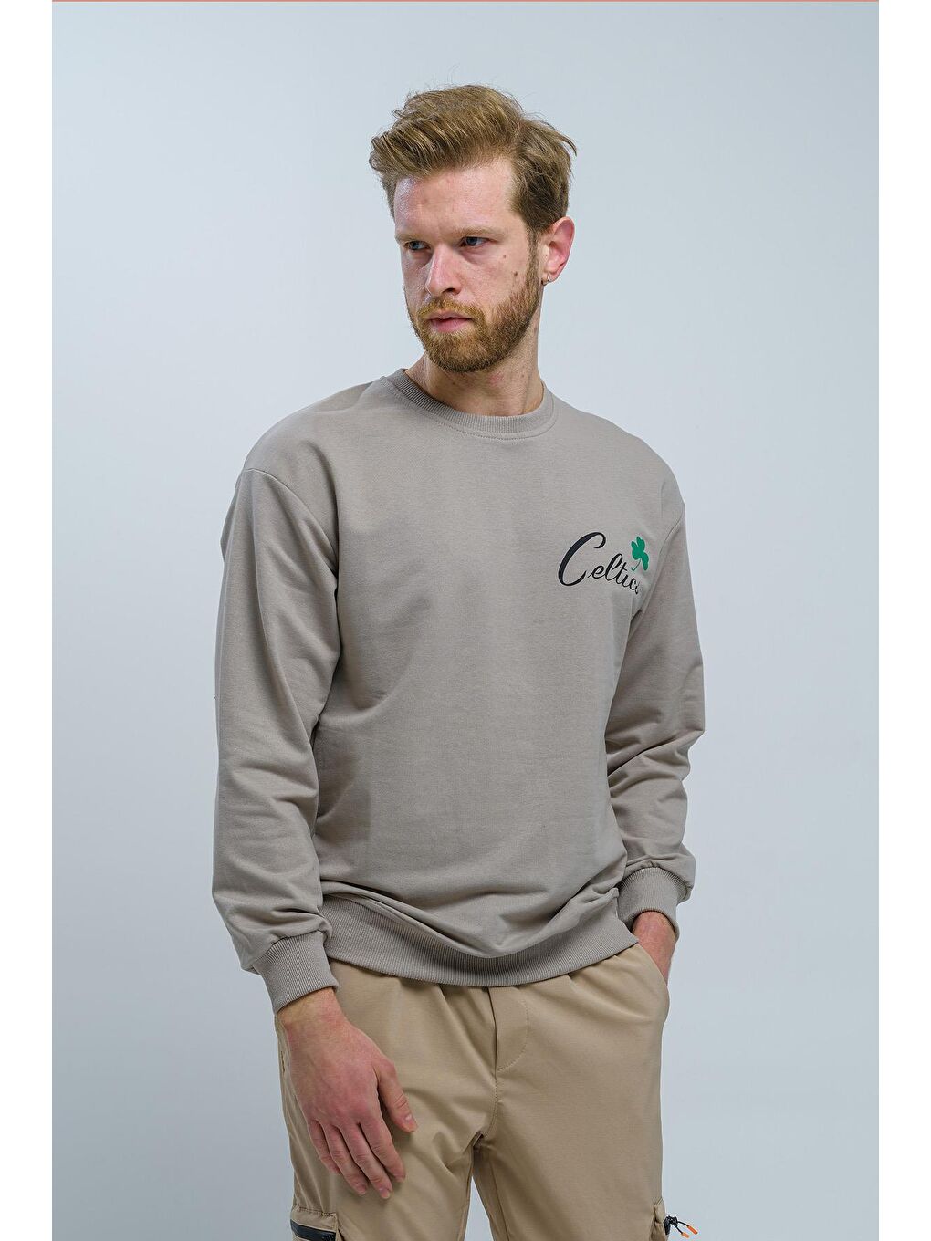 Yeşil Basketball Önü ve Arkası Baskılı Düşük Omuz Unisex Bisiklet Yaka Sweatshirt-2