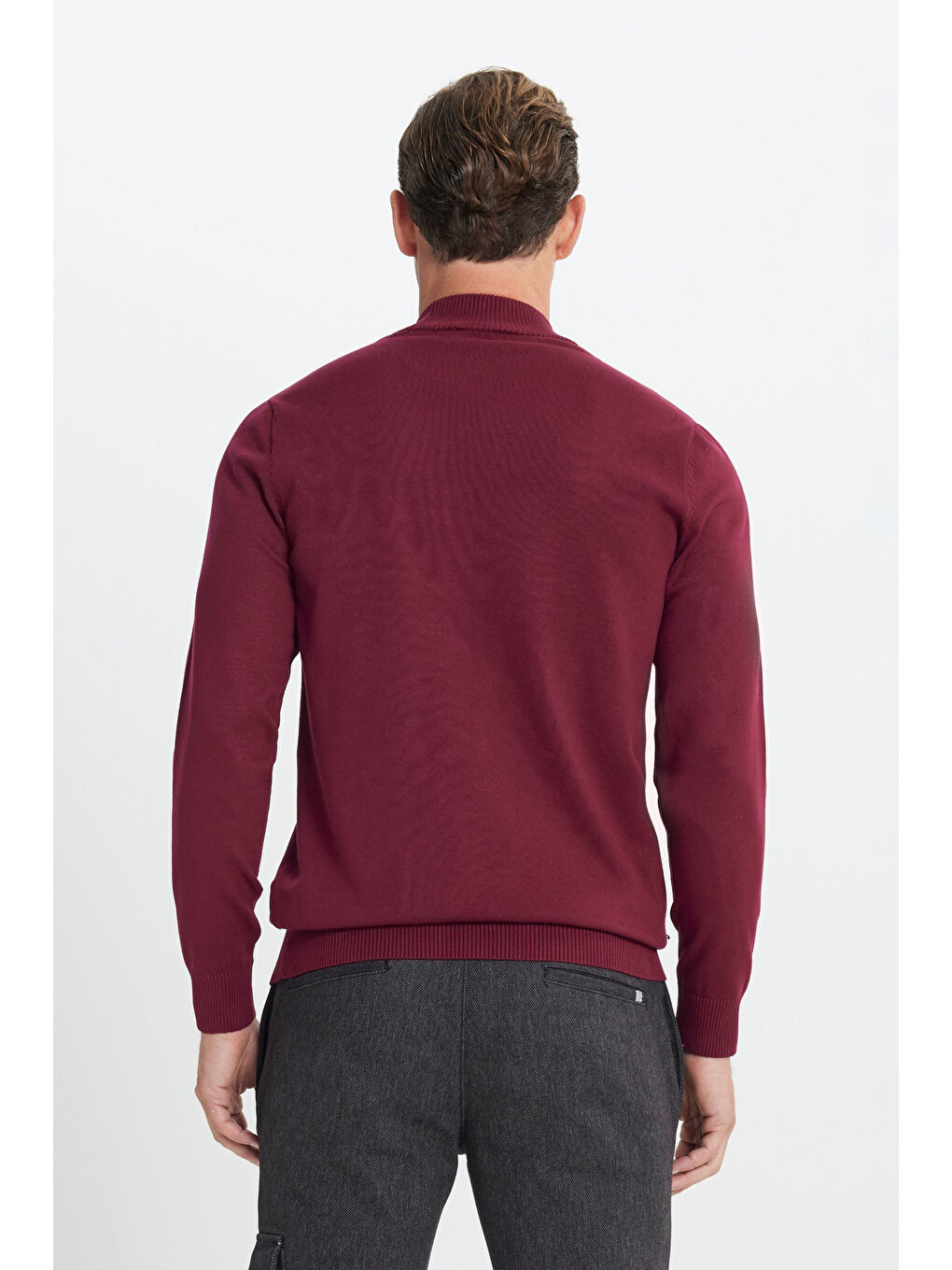 Erkek Bordo Standart Fit Normal Kesim Yarım Balıkçı Yaka Triko Kazak-5
