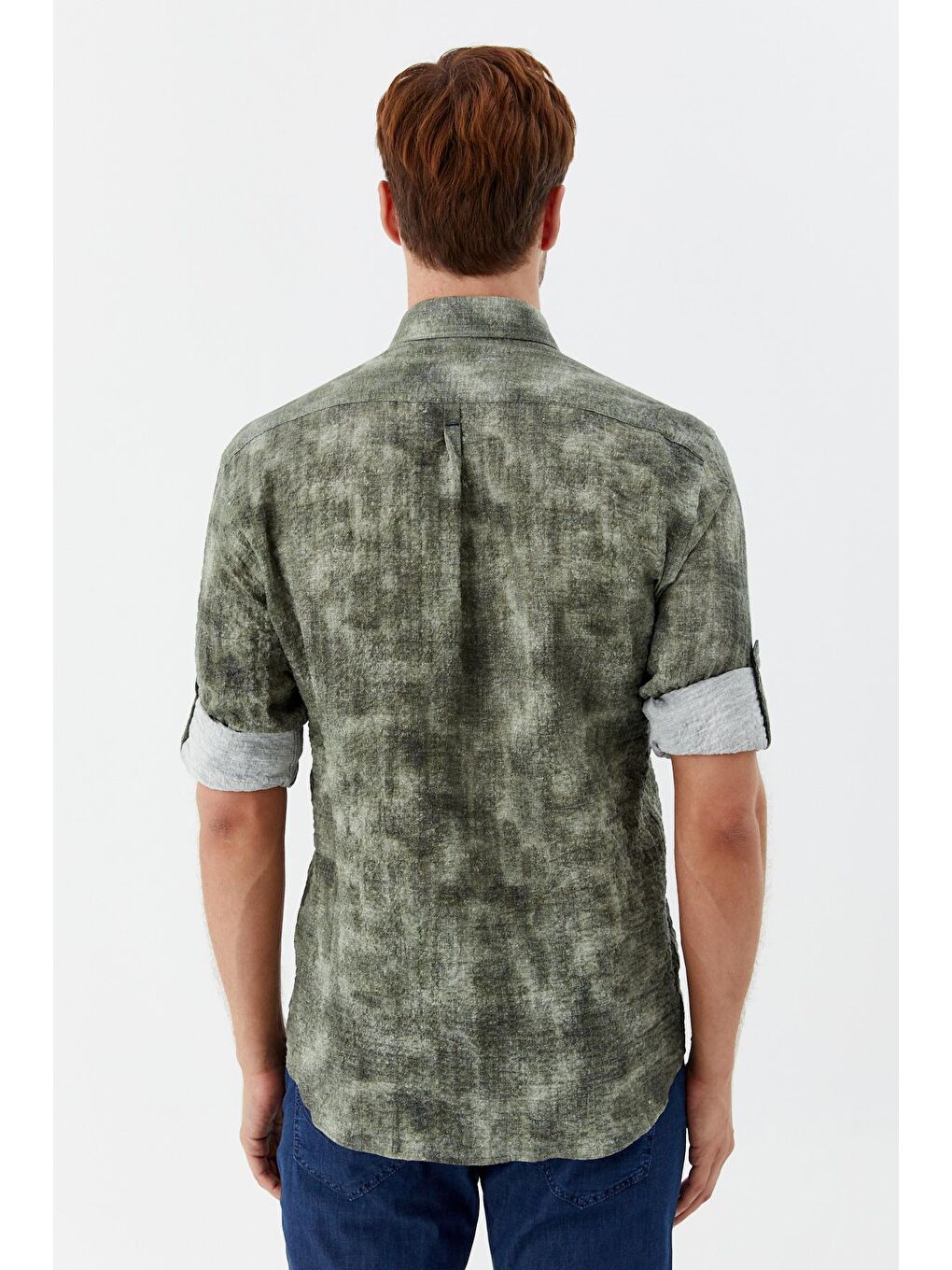 Erkek Haki Slim Fit %100 Pamuk Baskılı Düğmeli Yaka Gömlek-3