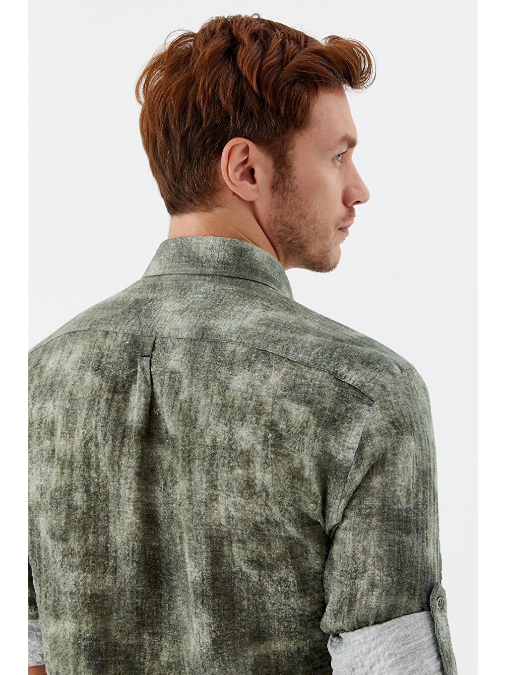 Erkek Haki Slim Fit %100 Pamuk Baskılı Düğmeli Yaka Gömlek-4