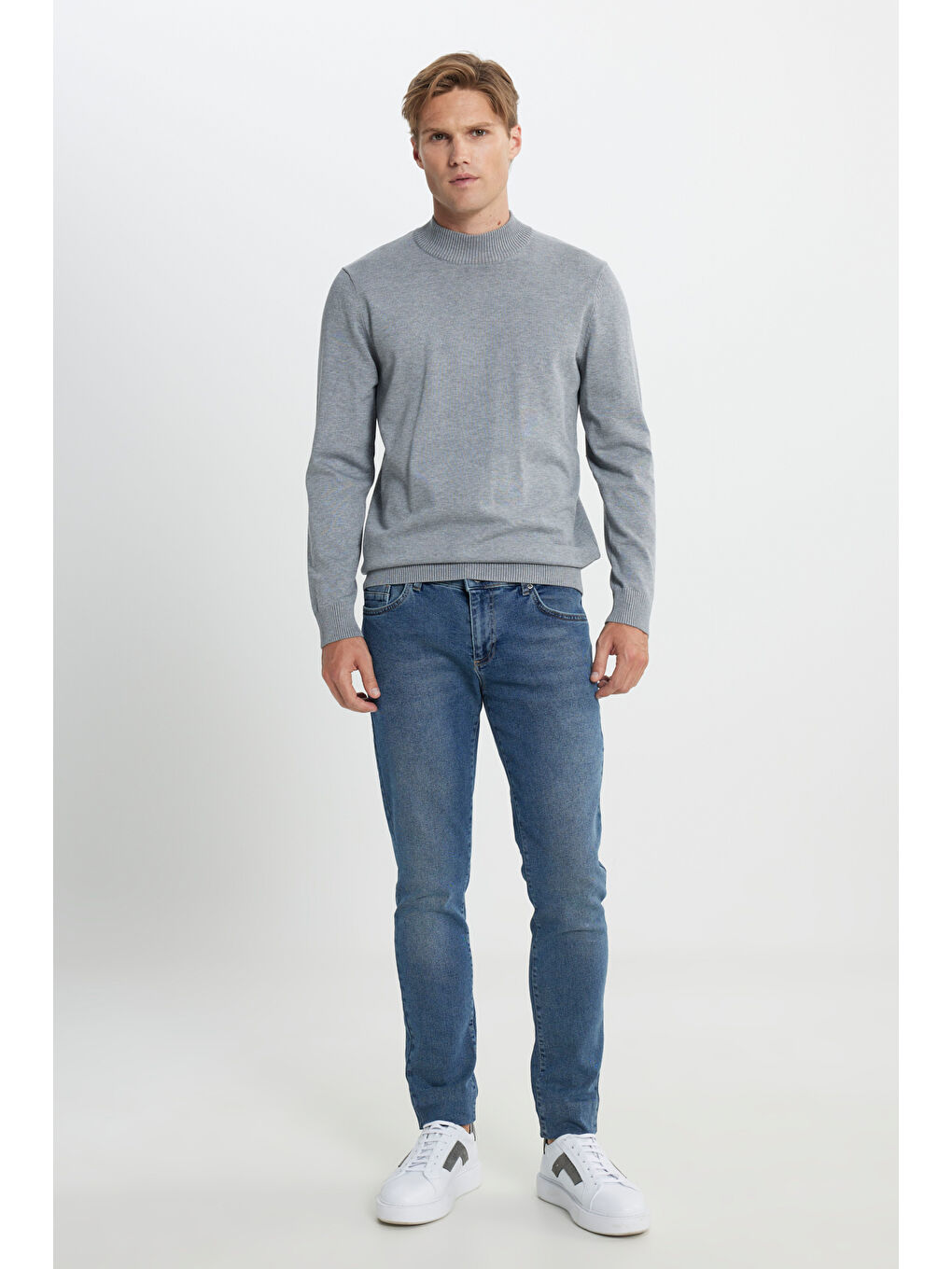 Erkek Gri Melanj Standart Fit Normal Kesim Yarım Balıkçı Yaka Triko Kazak-1