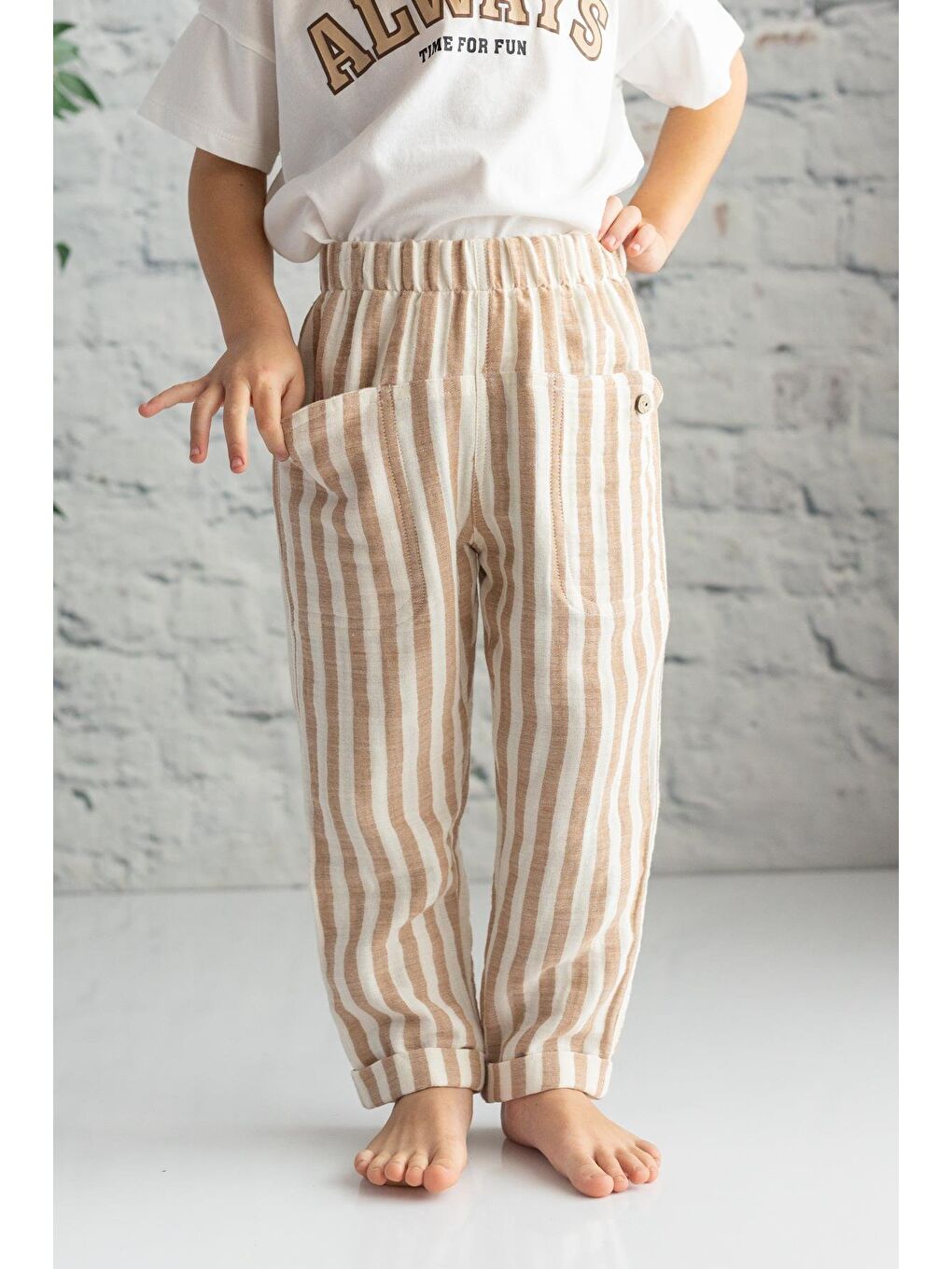 Ekru Erkek Çocuk Cep Detaylı Müslin Pantolon-1