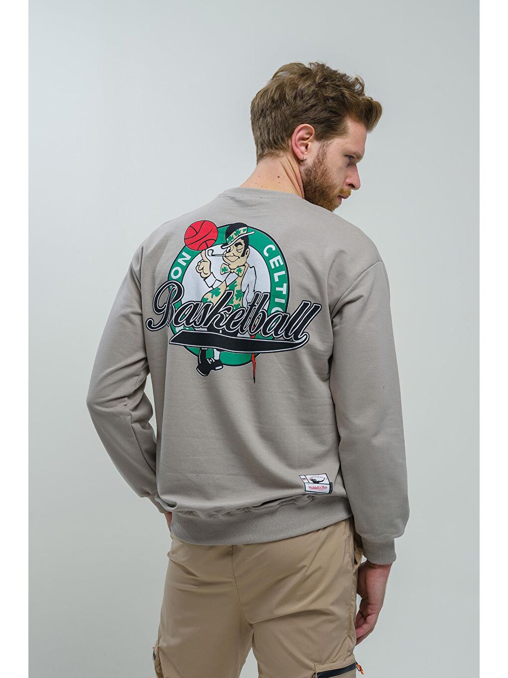 Yeşil Basketball Önü ve Arkası Baskılı Düşük Omuz Unisex Bisiklet Yaka Sweatshirt-3