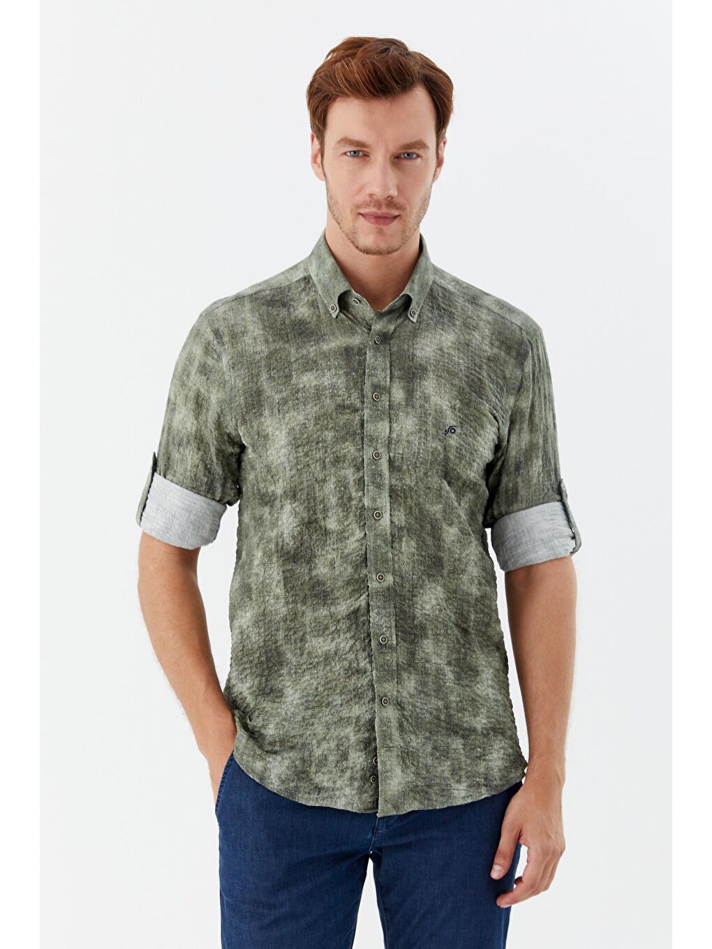 Erkek Haki Slim Fit %100 Pamuk Baskılı Düğmeli Yaka Gömlek-5