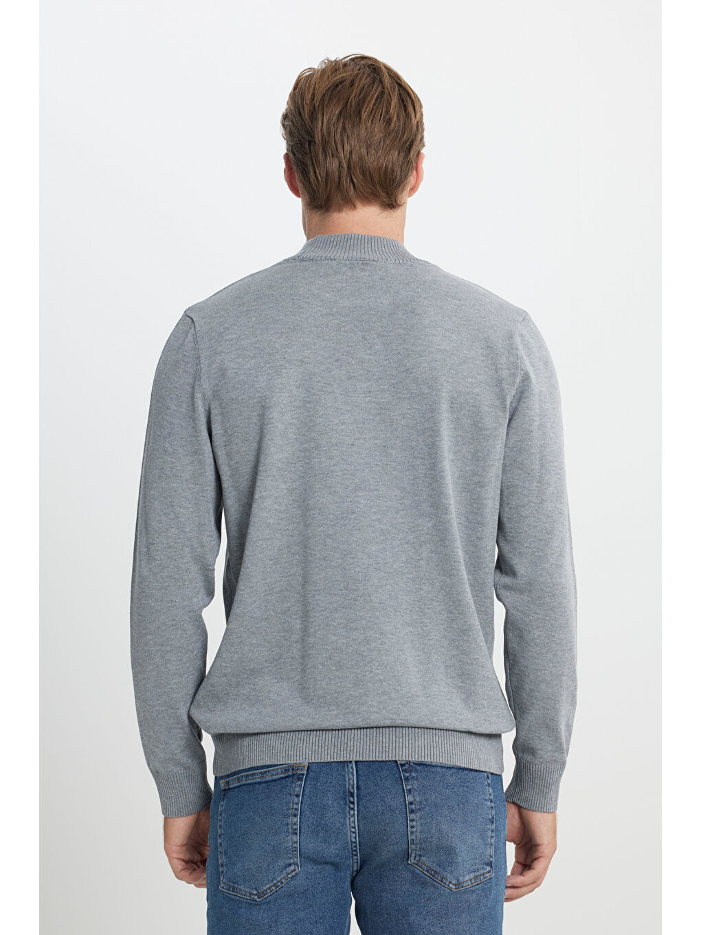 Erkek Gri Melanj Standart Fit Normal Kesim Yarım Balıkçı Yaka Triko Kazak-4