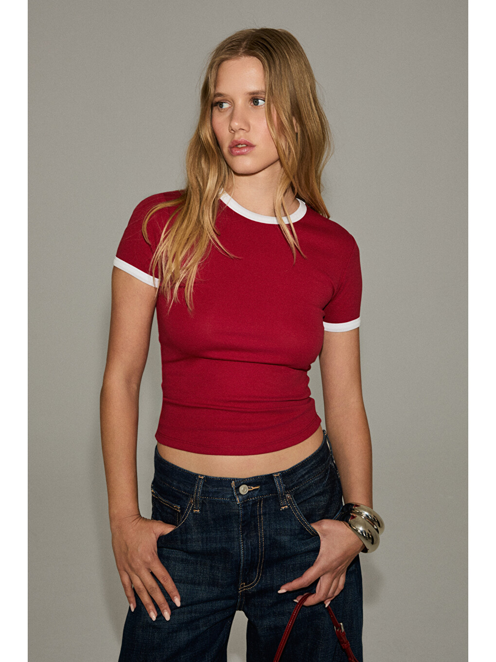 Asterıque Kadın Yumuşak Ve Esnek Kumaşlı Kontrast Biyeli Slim Fit Kırmızı T-shirt-1