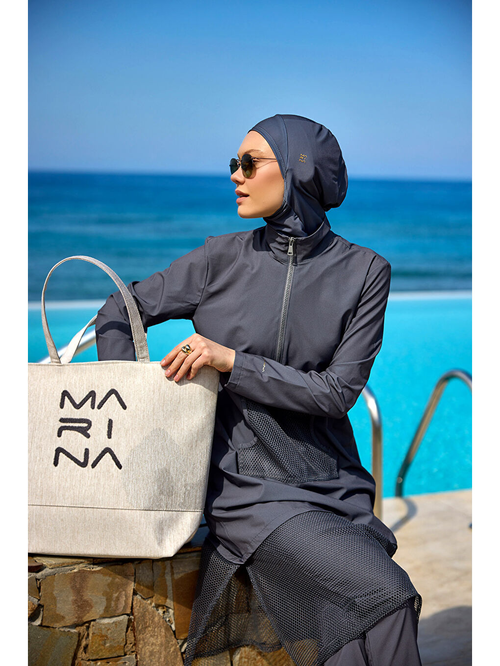 Gri Tam Kapalı Tesettür Mayo M2508-4 Füme