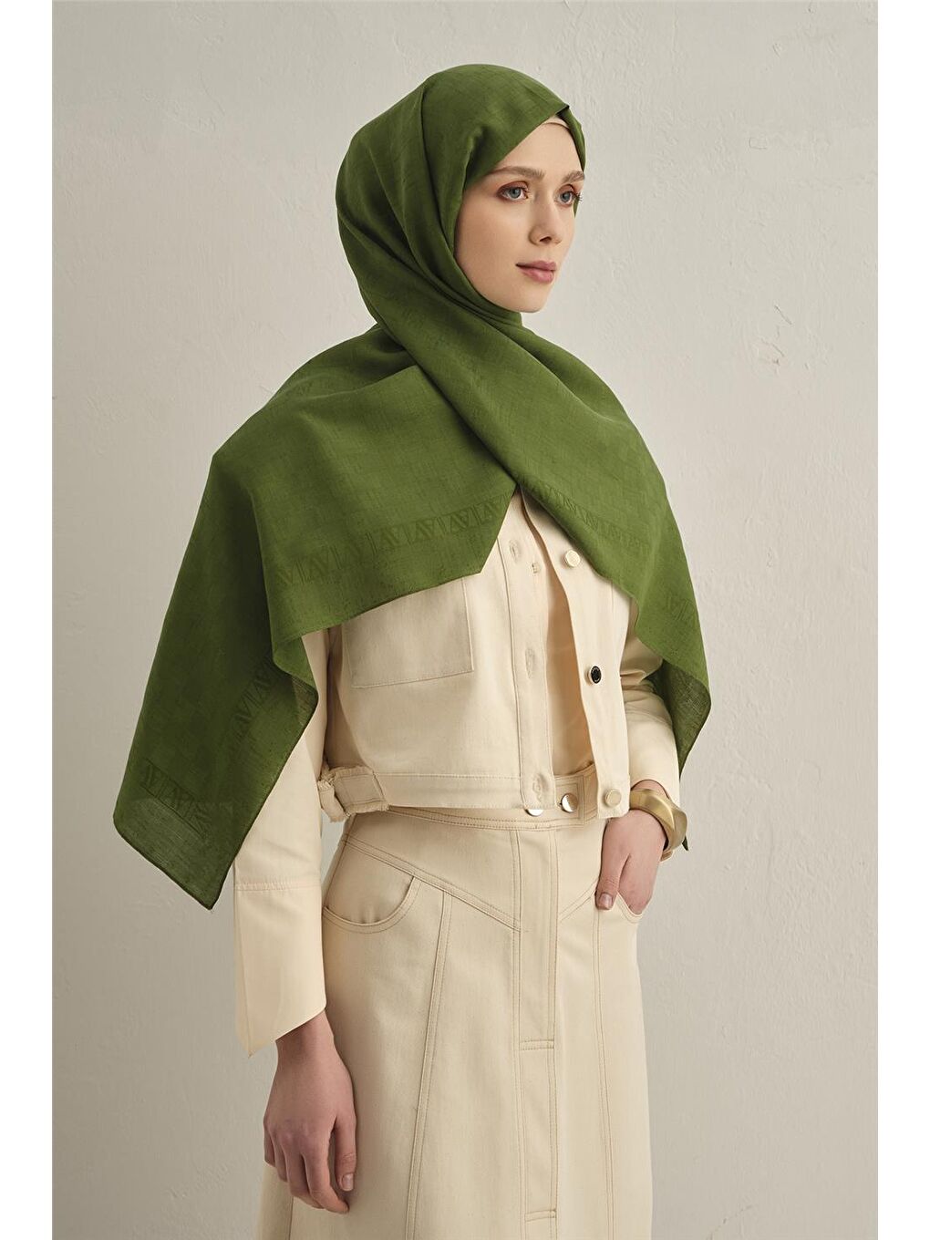 Yeşil Pamora Dama Çerçeve Şal 2 49-1