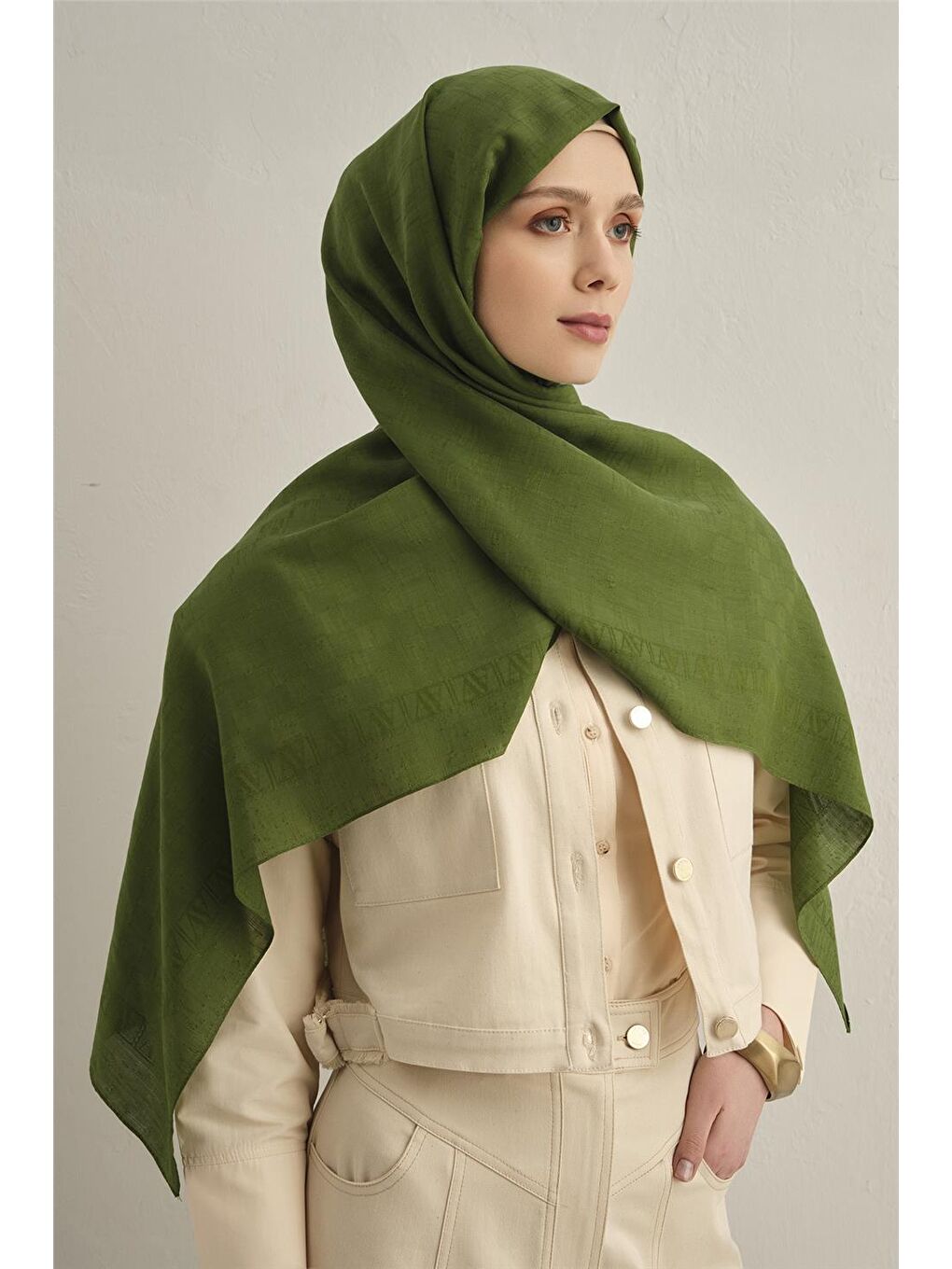 Yeşil Pamora Dama Çerçeve Şal 2 49-2