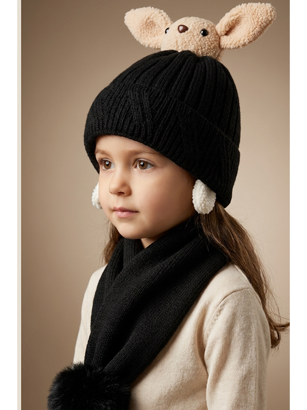 Tavşan Figürlü Siyah Çocuk Şapka Atkı Takımı-1