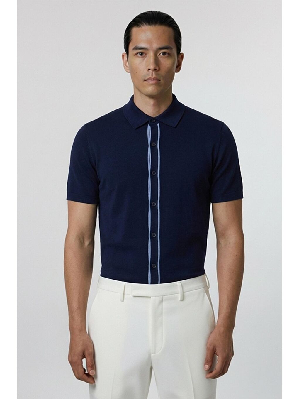 Giotelli Lacivert Slim Fit Triko Düğmeli Polo Yaka Erkek Gömlek