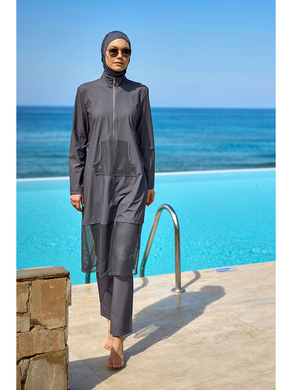 Gri Tam Kapalı Tesettür Mayo M2508-4 Füme-1