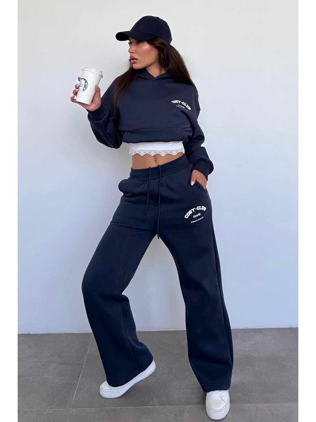Lacivert Kapüşonlu Baskılı Kadın Eşofman Takımı Mg2524