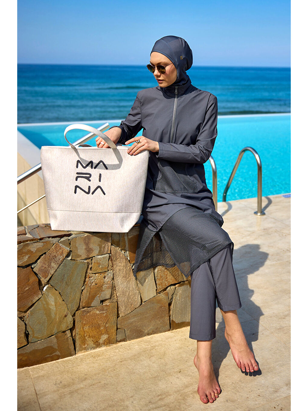 Gri Tam Kapalı Tesettür Mayo M2508-4 Füme-3